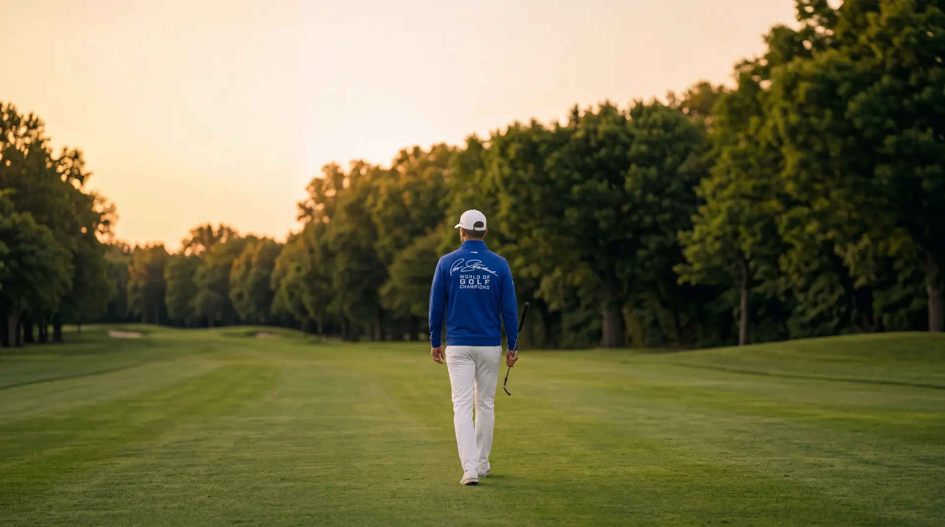 Back of the royal blue World of Golf Champions quarter-zip walking the fairway
