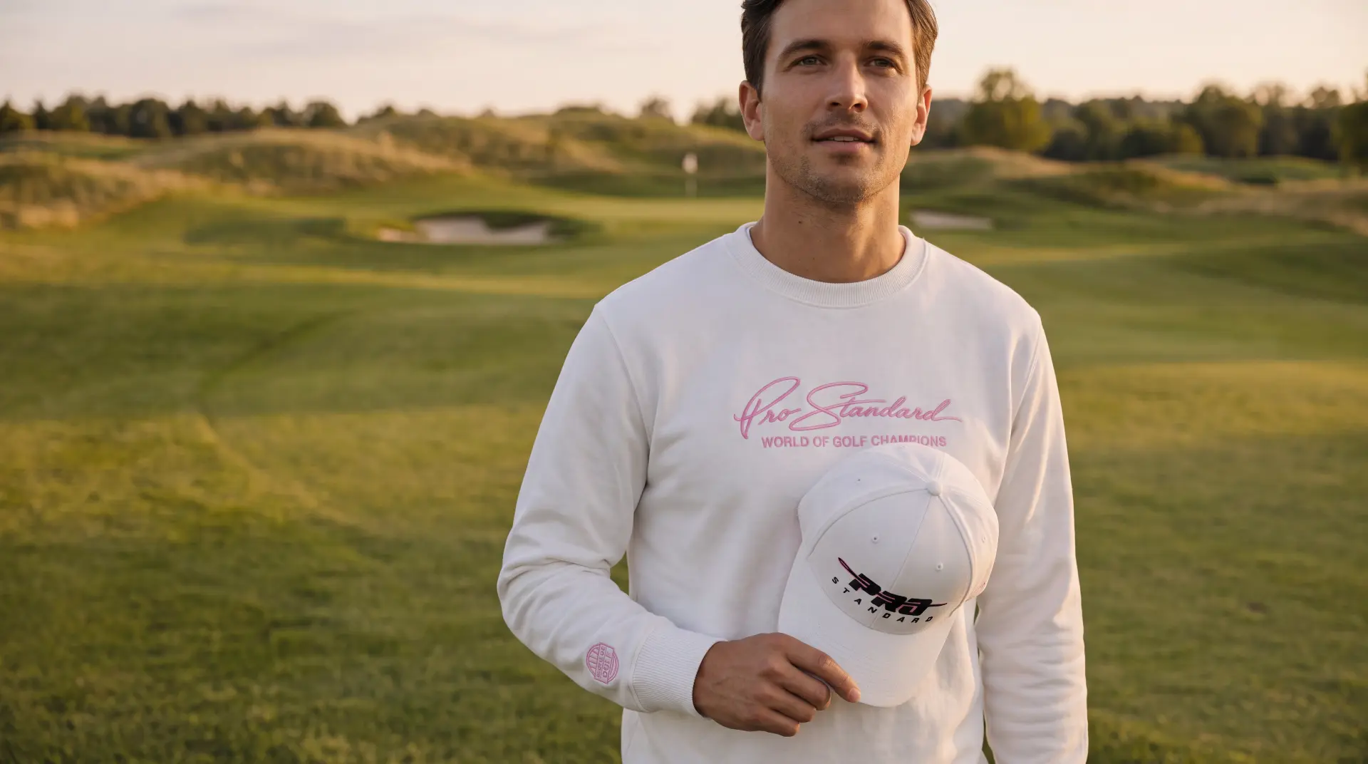 Model in the white World of Golf Champions crewneck holding a Pro Standard cap